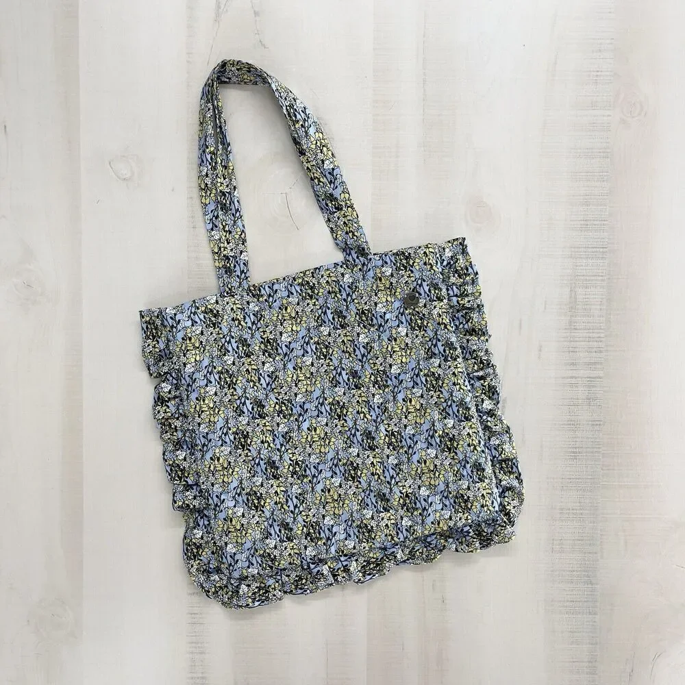 POMPdeLUX girls Floral Ruffle Quilted Cotton Tote Bag Purse Blue
